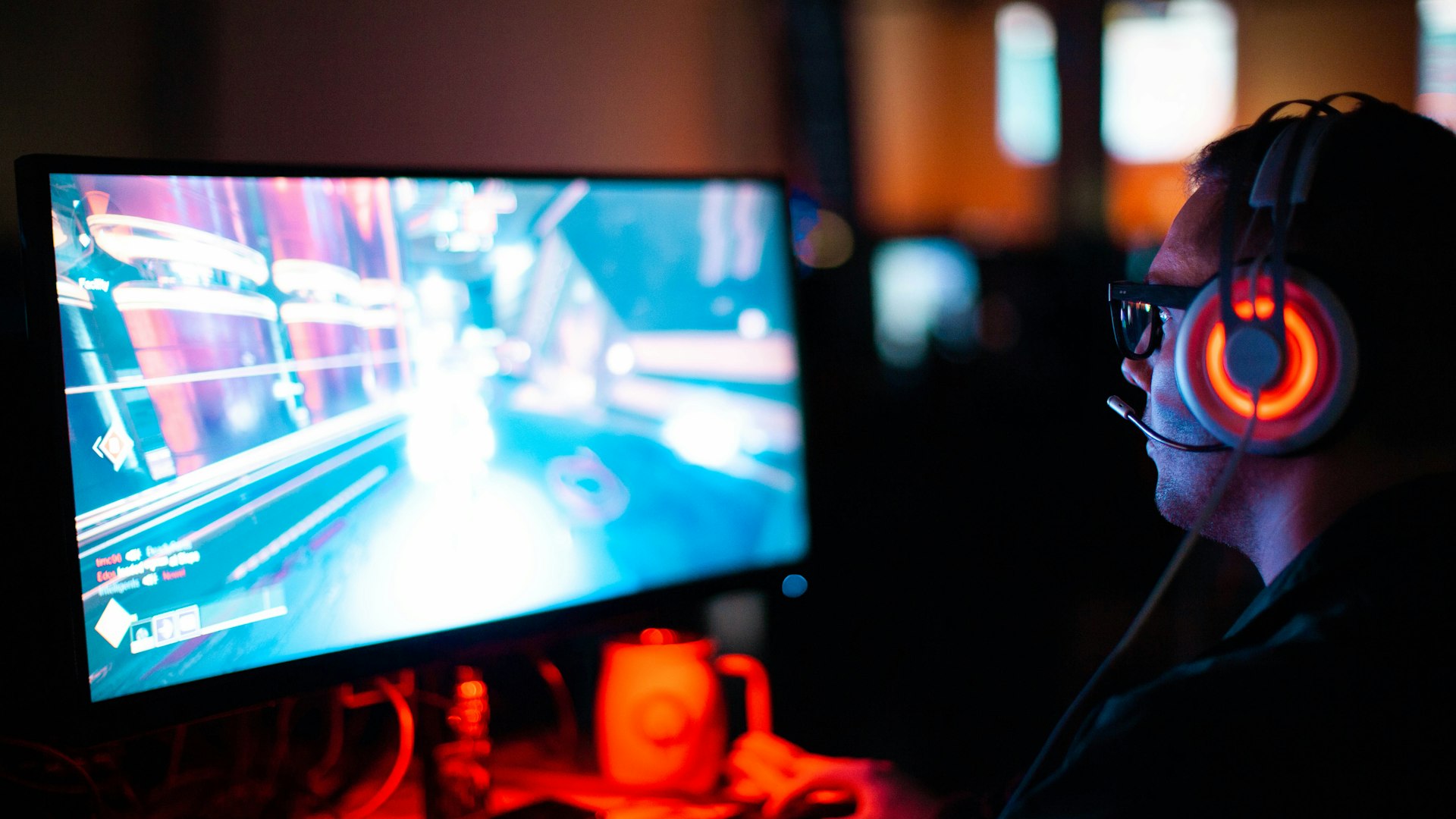 Competitive gaming setup with cool blue lighting